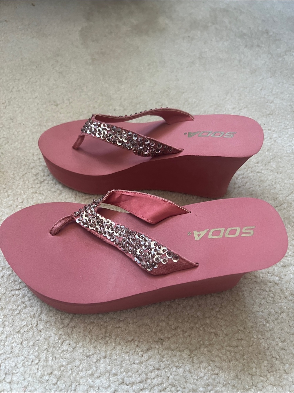 Soda Pink Sequin Wedge Sandals
